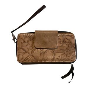 Wristlet Wallet - Brown Floral Embossed Leather